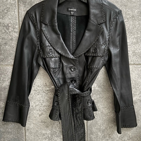 RARE Bebe Women's Genuine Leather Jacket Blazer Button Front Jacket with belt - Picture 10 of 17